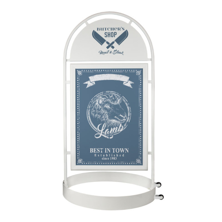 Stoepbord Round Tube White A1 Deluxe vooraanzicht met poster