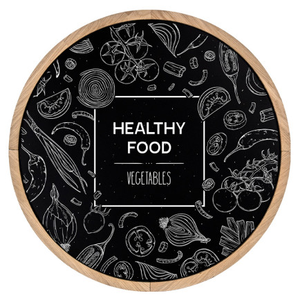 Krijtbord Rond 60 cm Ongelakt Eiken – Vooraanzicht met healthy food krijttekening